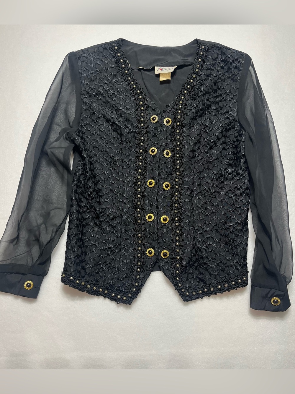 Vintage Anny Lee Black Lace Front Blazer with Gold Button Detail